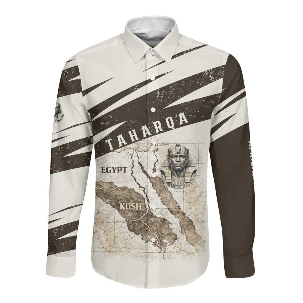 Taharqa Long Sleeve Button Shirt with Ancient Map Illustration, King of Two Lands Title and Kush Egypt Temple - Wonder Print Shop