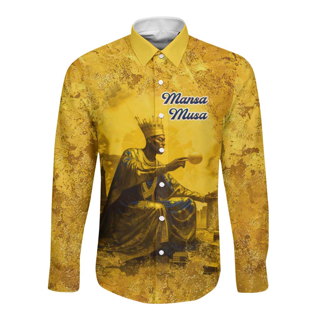 Mansa Musa Long Sleeve Button Shirt Golden Legacy Theme Ancient Map Regal Portrait of Mali Emperor Timbuktu - Wonder Print Shop