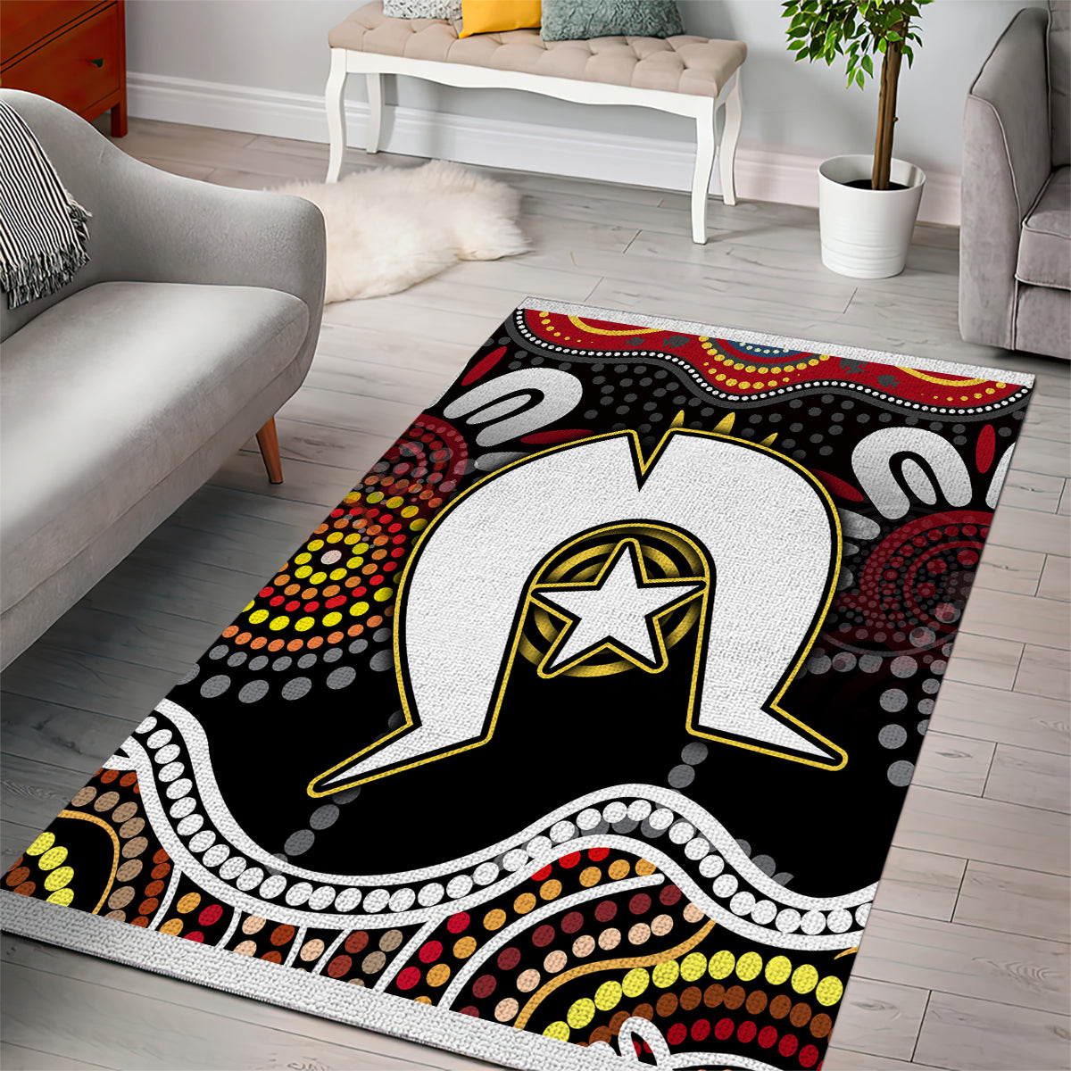 Multicolor Aboriginal-style area rug with black background and large white kangaroo star outline