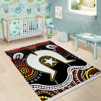 Multicolor Aboriginal-style area rug with black ground, white kangaroo form, and red/yellow dot accents