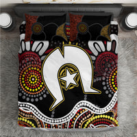Aboriginal pattern bedding set with black, orange, yellow and red dot designs and pillows