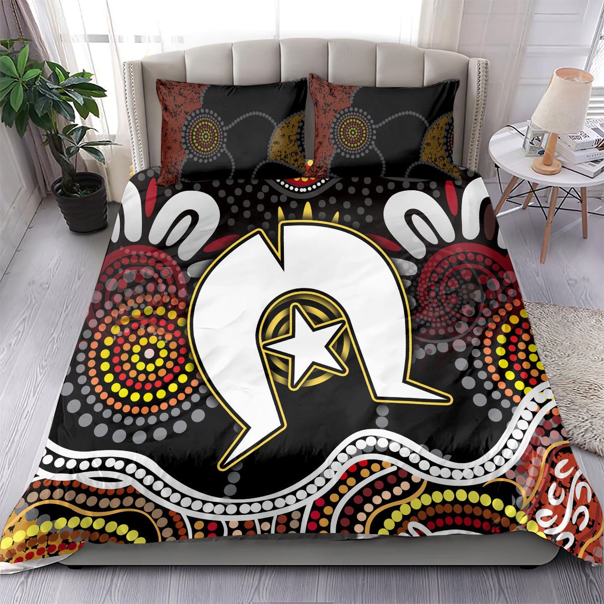 Aboriginal pattern bedding set on bed with multicolor circular motifs, central speech-bubble icon