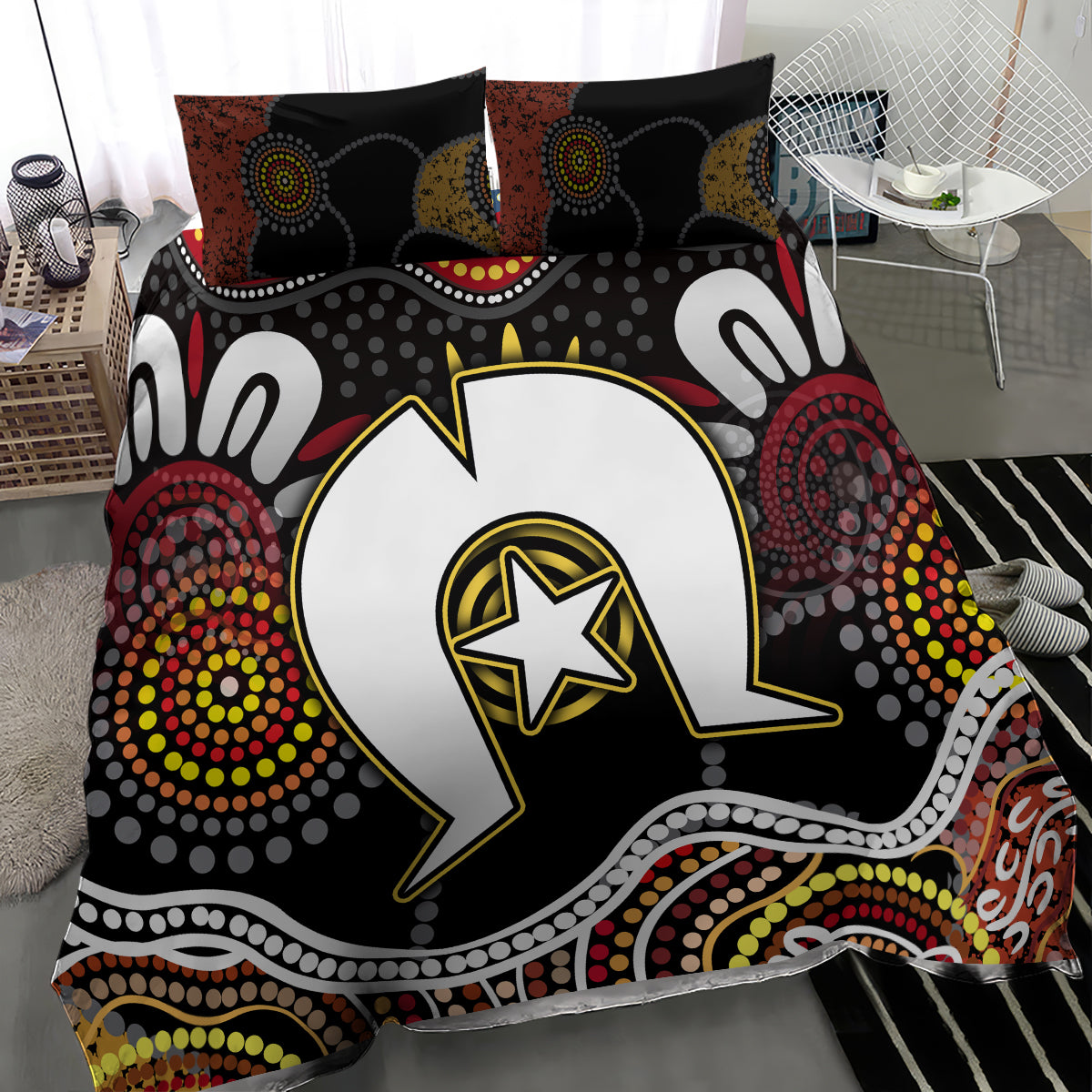 Aboriginal pattern bedding set with black base, red and yellow dot circles, speech-bubble print