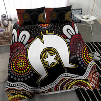 Aboriginal pattern bedding set with black base, red and yellow dot circles, speech-bubble print