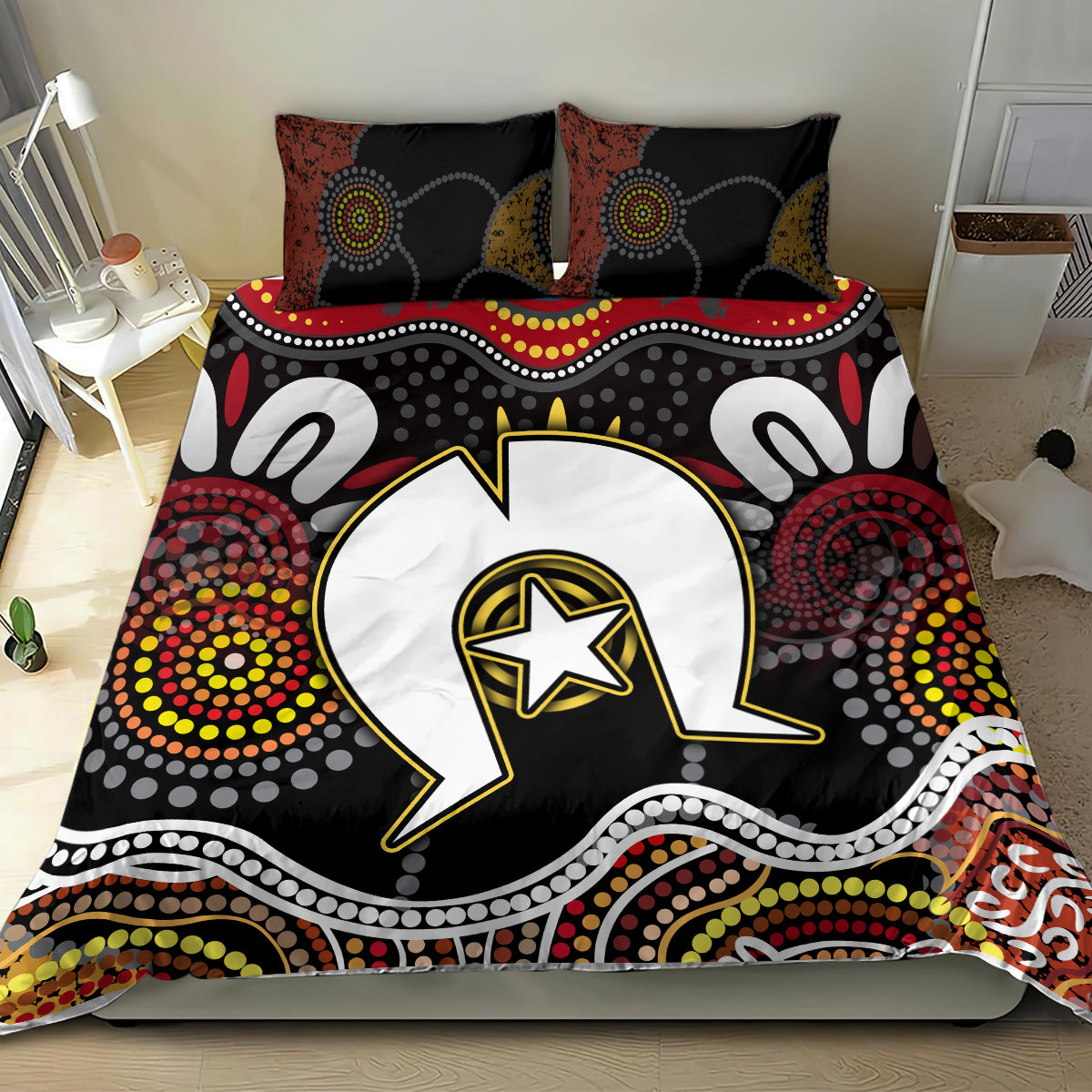 Aboriginal pattern bedding set with central white chat bubble and multicolor dot art, on bed