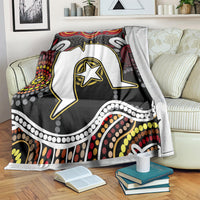 Multicolor Aboriginal pattern blanket with black, white, red, and yellow motif