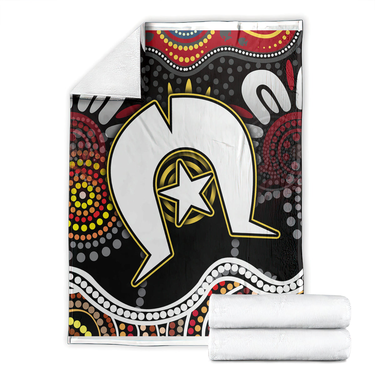 Folded multicolor Aboriginal pattern blanket with white, black, red, and yellow star graphic