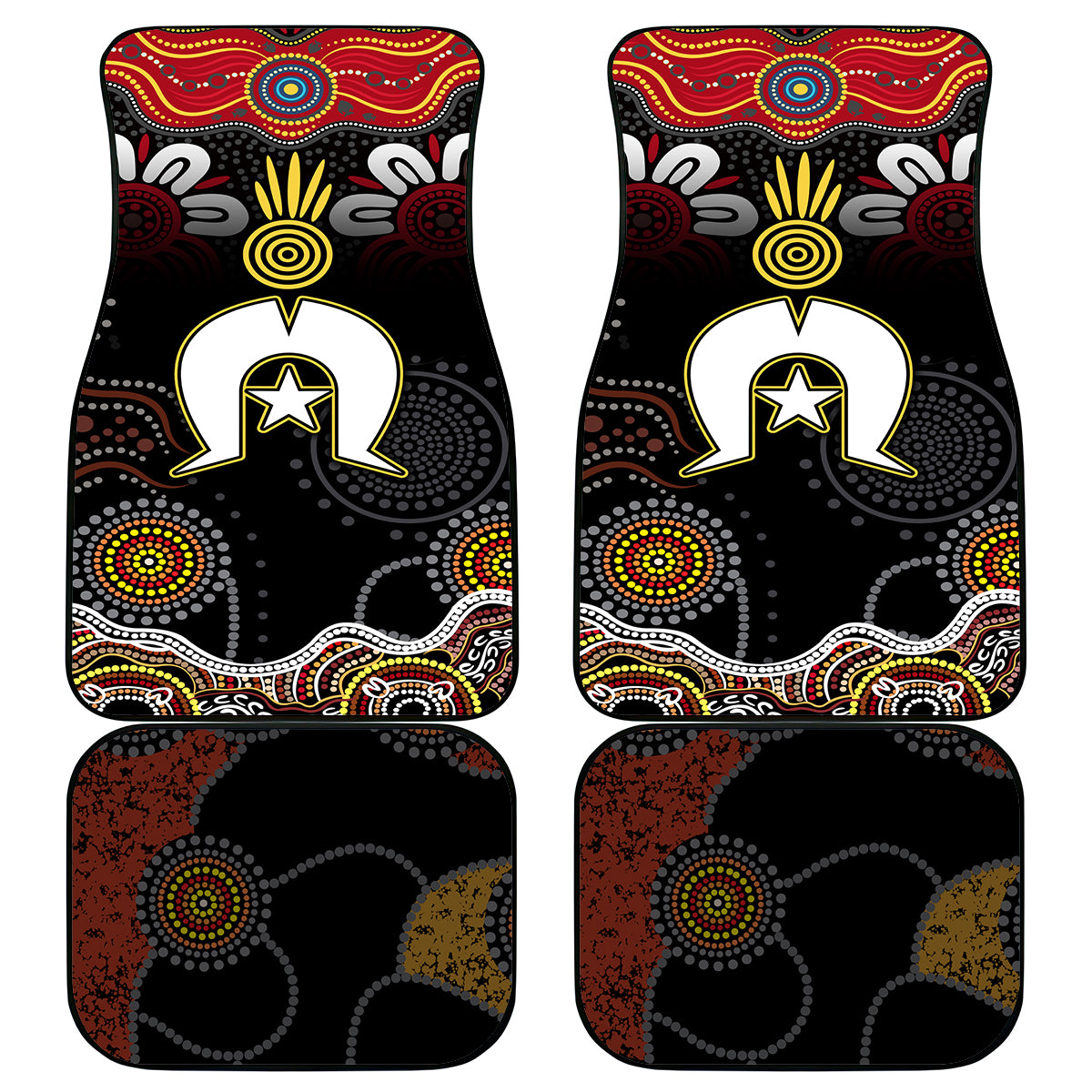 Car floor mats, black with multicolor Aboriginal-inspired dot and swirl pattern