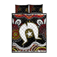 Multicolor Aboriginal pattern quilt and two matching black pillowcases, white lightning-star