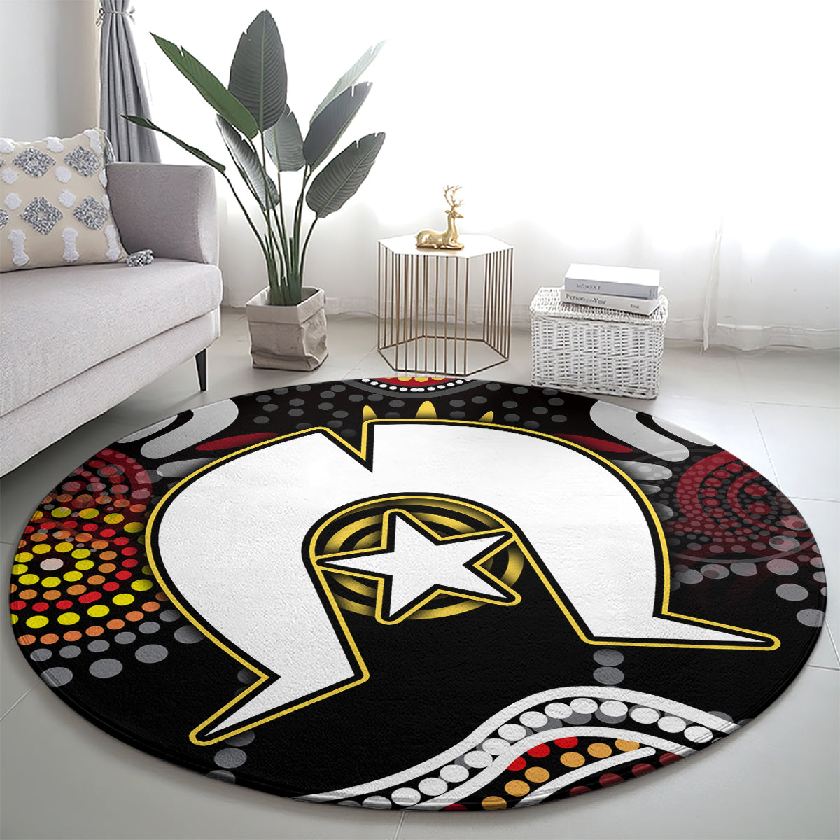 Round Aboriginal pattern rug with black, white, and yellow star lightning artwork and dot accents.