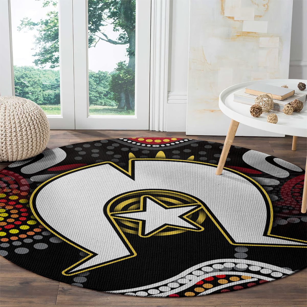 Round Aboriginal pattern rug showing black-and-white lightning bolt with yellow star and multicolor dots.