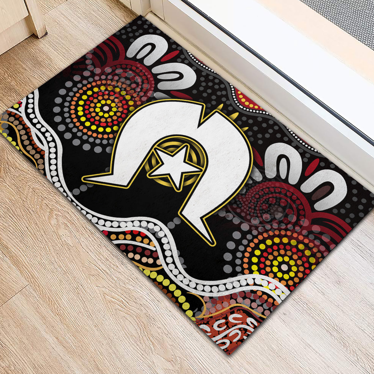 Multicolor Aboriginal pattern doormat showing white animal silhouette and dot circle motifs