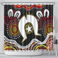Multicolor Aboriginal pattern shower curtain featuring large white speech bubble and star