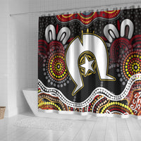 Multicolor Aboriginal pattern shower curtain with oversized speech bubble and dotted motifs