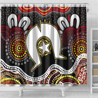 Multicolor Aboriginal pattern shower curtain with bold dot circles and white speech bubble