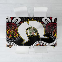 Multicolor aboriginal pattern tablecloth with central white motif on black background