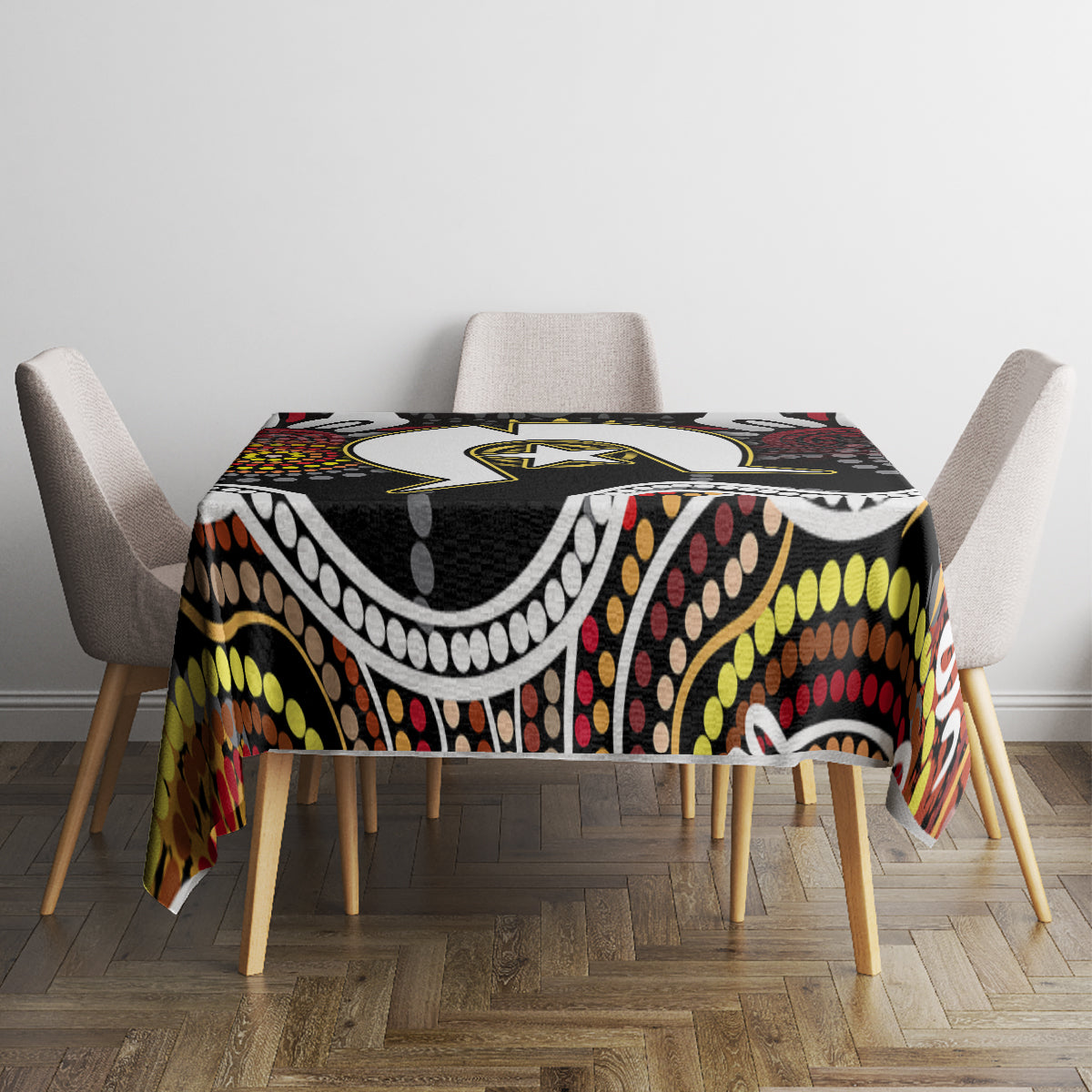 Multicolor aboriginal pattern tablecloth on square dining table with bold yellow and red dots
