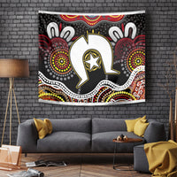 Multicolor Aboriginal-pattern wall tapestry with central white bird/animal silhouette on black