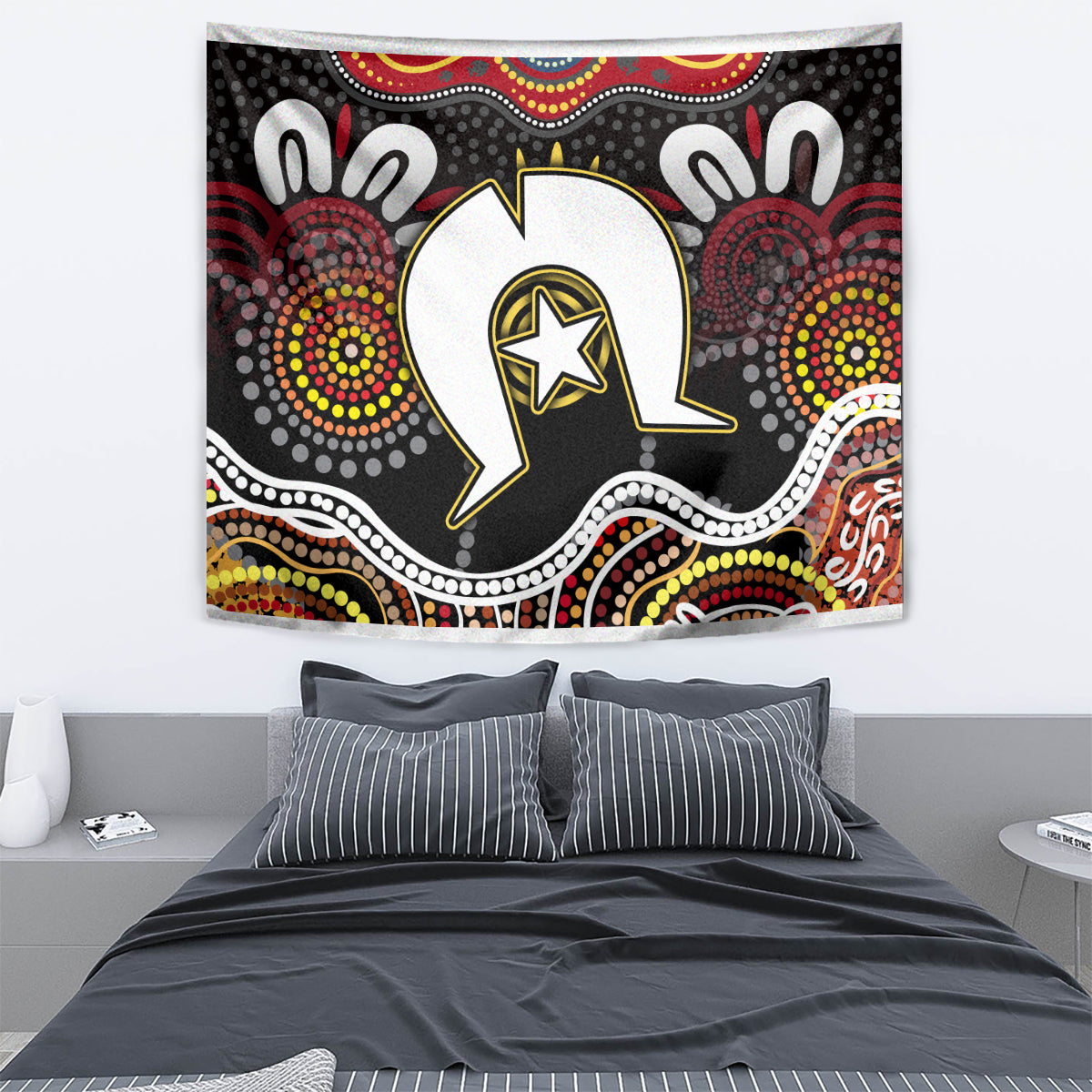 Multicolor Aboriginal-pattern tapestry with large white bird/animal symbol on black