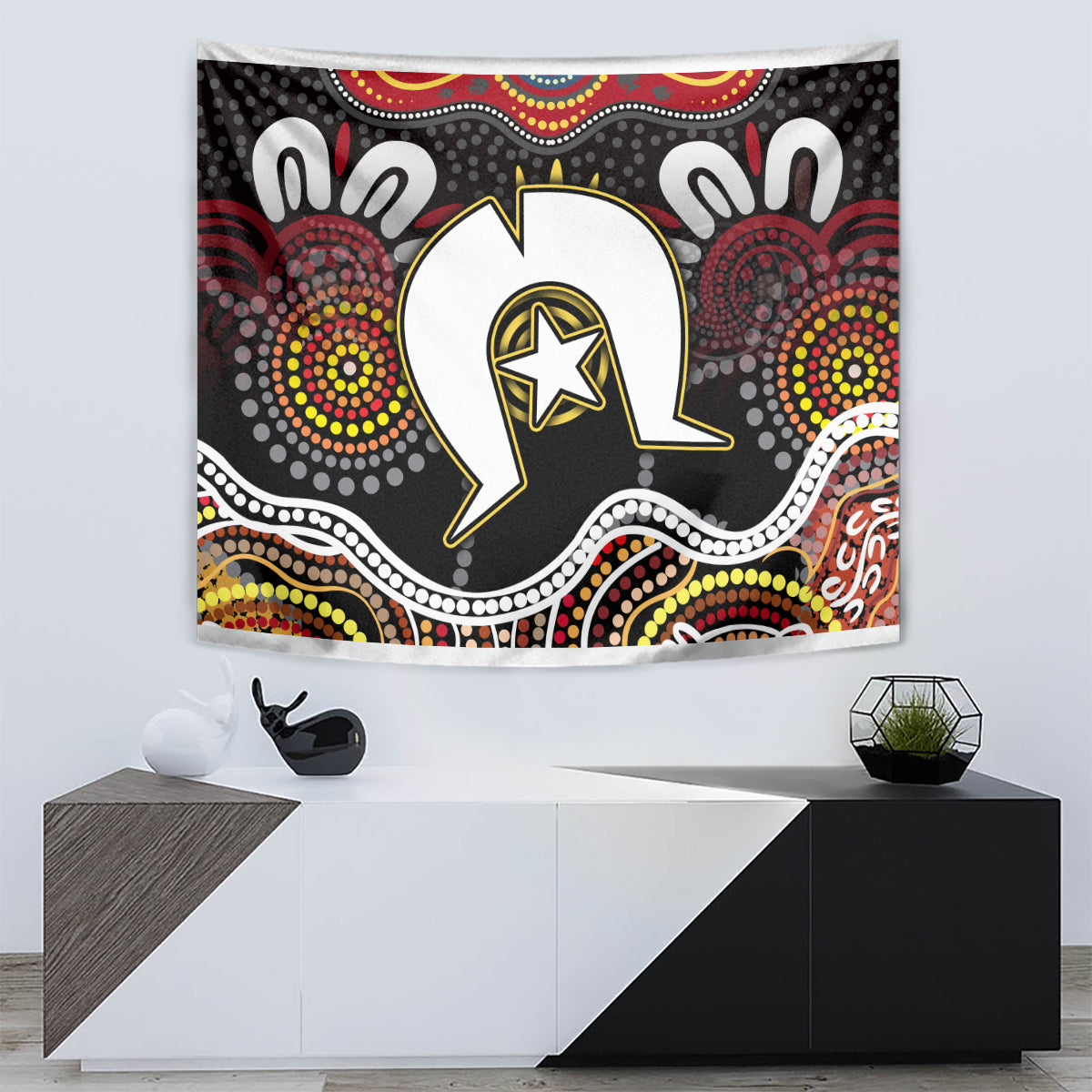 Multicolor Aboriginal-pattern tapestry featuring central white bird/animal graphic on dark background