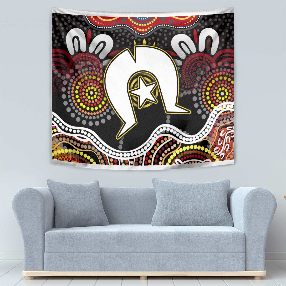 Multicolor Aboriginal-pattern tapestry with bold white bird/animal emblem on black background