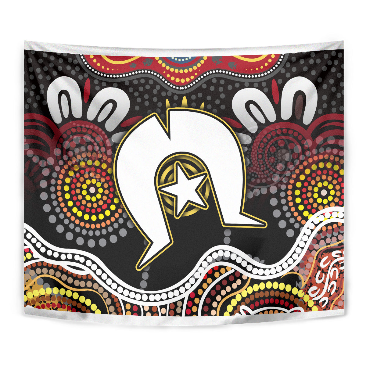 Multicolor Aboriginal-pattern tapestry corner view with central white bird/animal figure on black