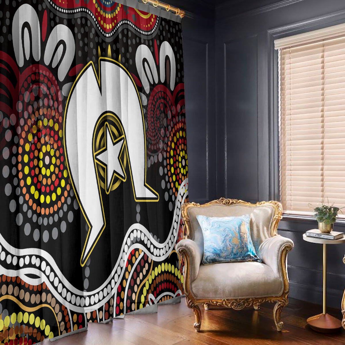 Black window curtain panel with multicolor Aboriginal-style dot and figure artwork.