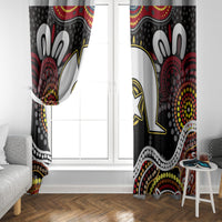Pair of black window curtain panels with multicolor Aboriginal-style dot and wave patterns.