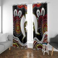 Black window curtain pair with multicolor Aboriginal-style circular dot patterns and outlines.