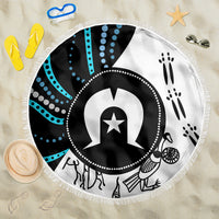 Round beach blanket with fringe, Aboriginal-style black, white, and turquoise graphic