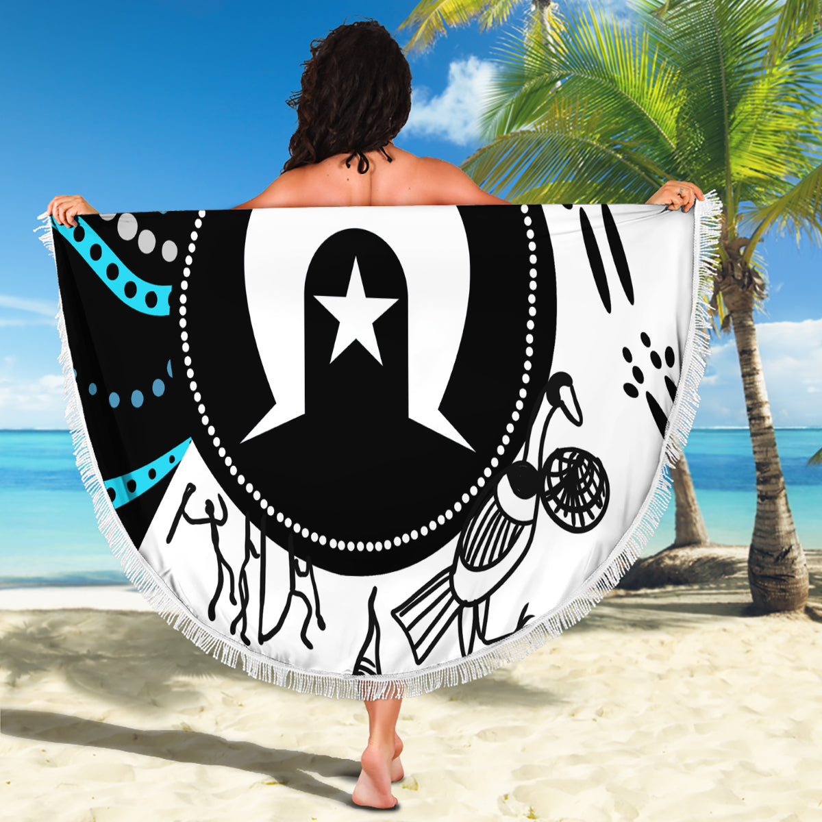 Round beach blanket with fringe, Aboriginal-style black, white, and turquoise emblem design
