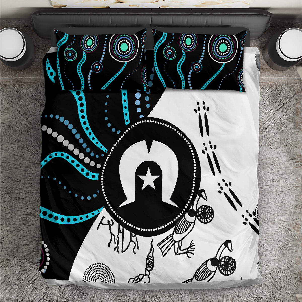 Multicolor Aboriginal pattern bedding set with black, white, and teal geometric design
