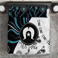 Multicolor Aboriginal pattern bedding set with black, white, and teal geometric design