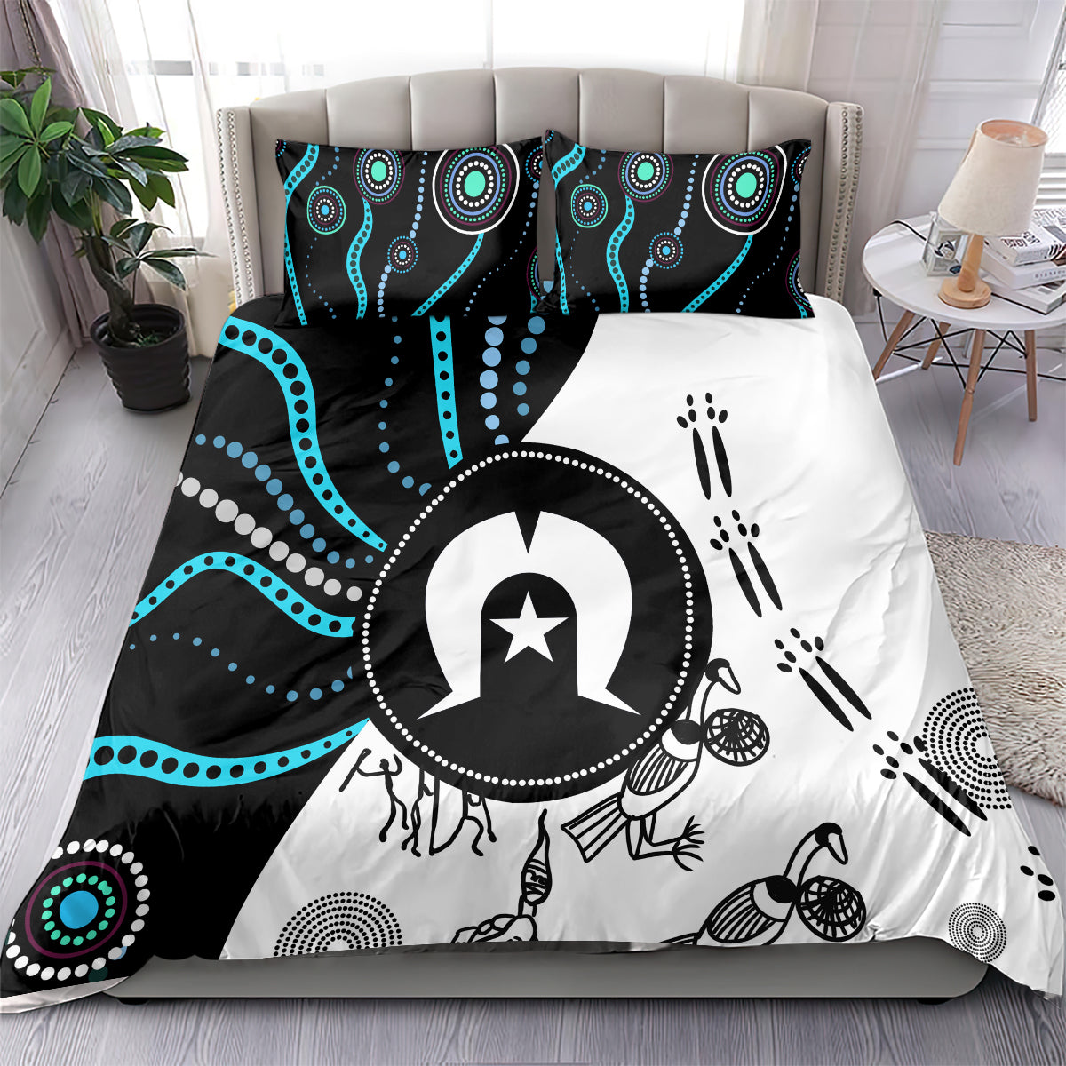 Aboriginal pattern bedding set: black, white, and teal circular motif on duvet and pillow