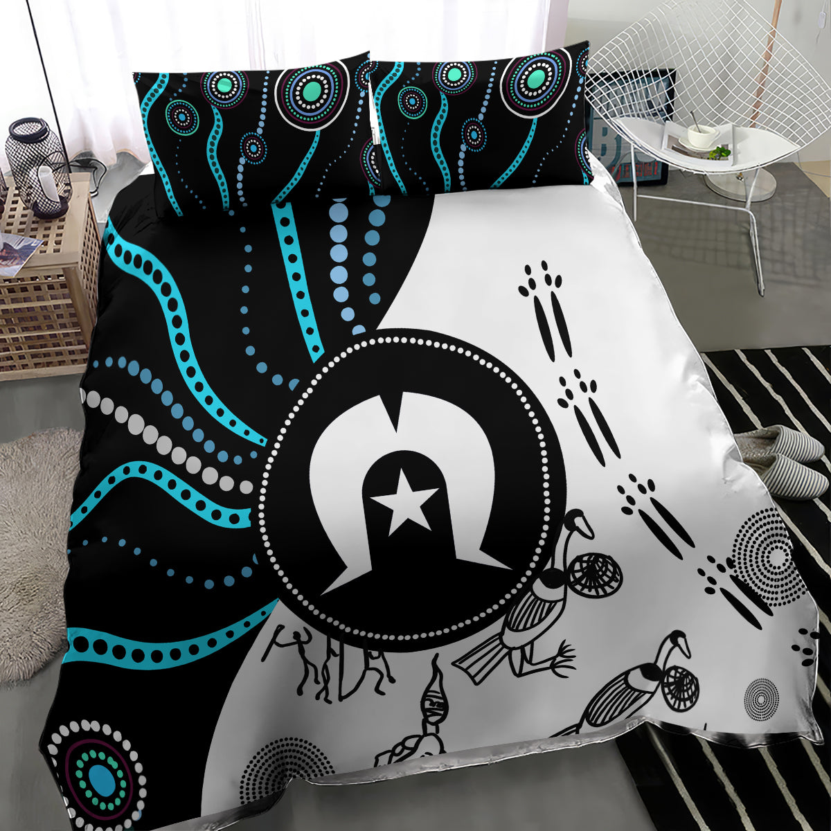 Black, white, teal Aboriginal pattern duvet with circular center emblem and small icons