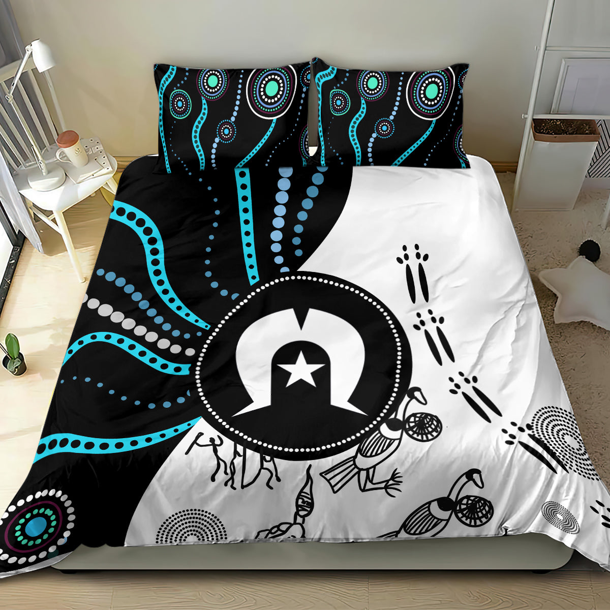 Multicolor Aboriginal pattern bedding set with bold circular emblem on duvet and two pillows