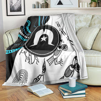 Multicolor Aboriginal pattern throw blanket with bold black and white central motif and blue accents