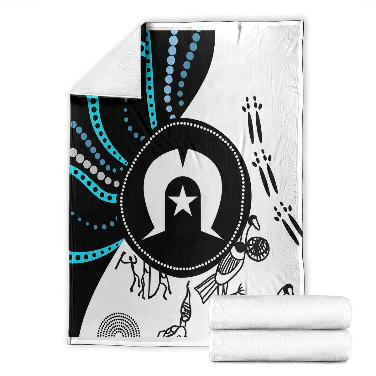 Folded Aboriginal style throw blanket set with black, white and blue central emblem and dots