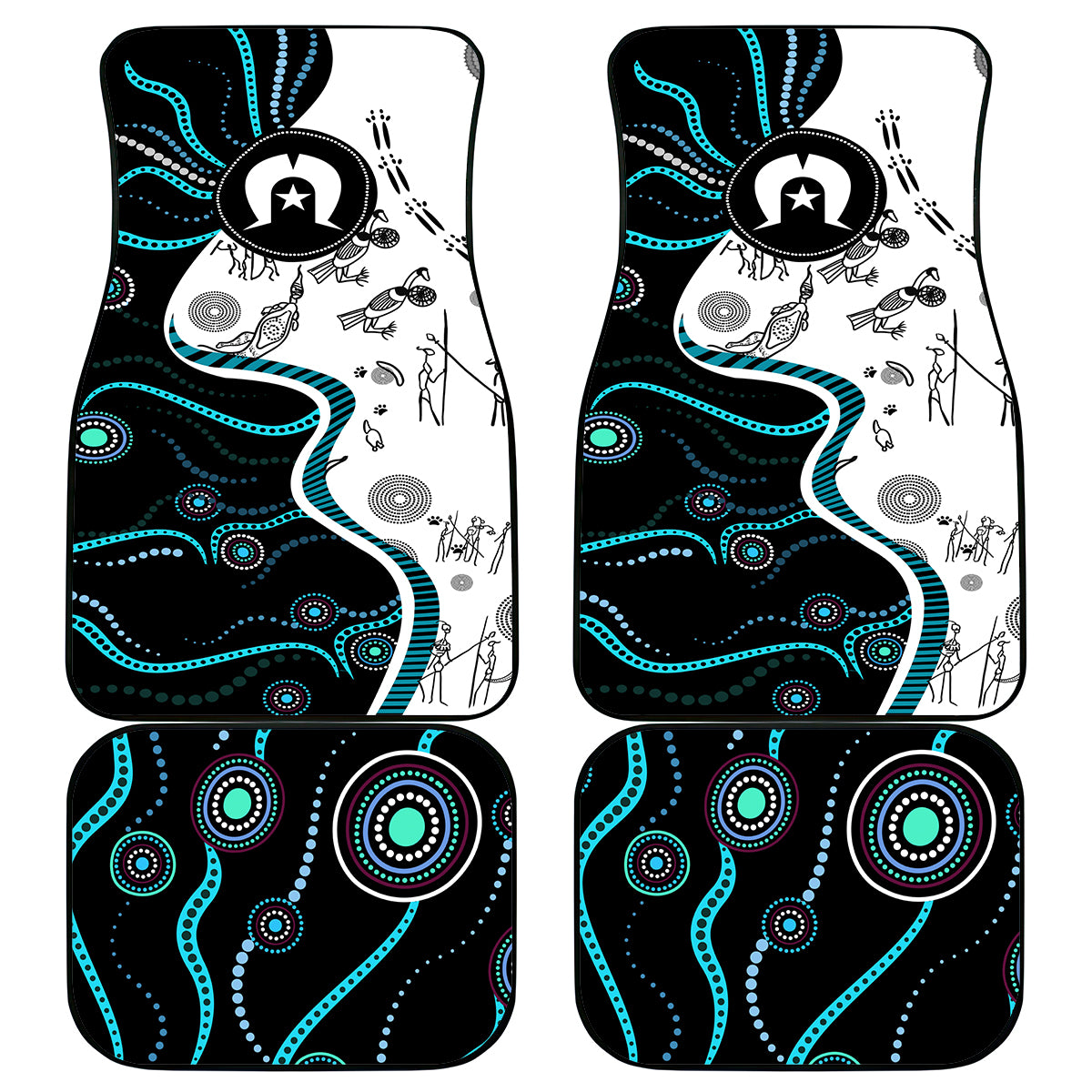 Set of 4 car floor mats with black, white, and blue Aboriginal-style dot patterns
