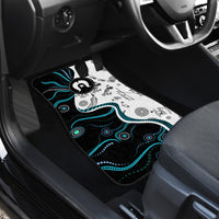 Passenger-side car floor mat with multicolor Aboriginal-style dot and wave patterns