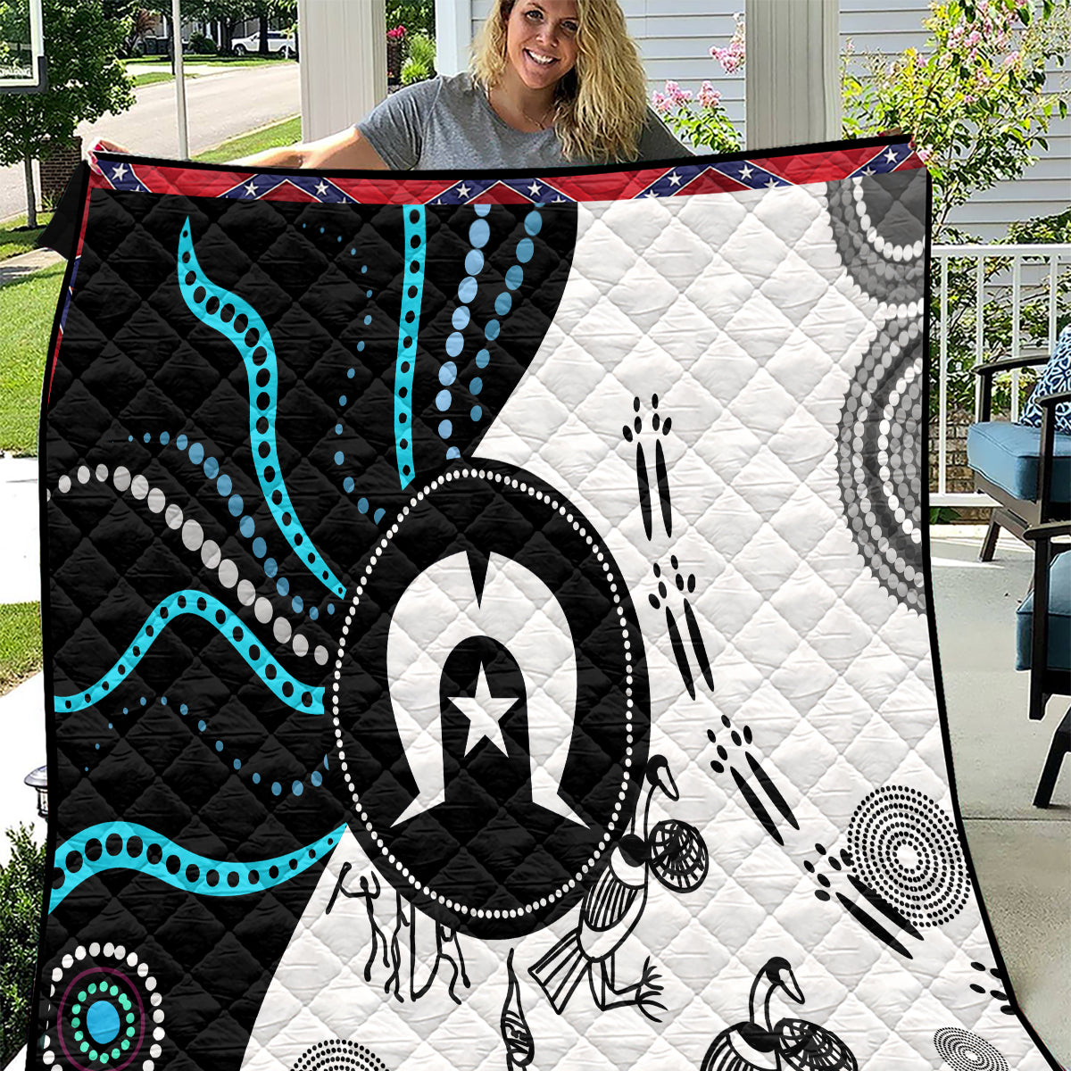 Aboriginal Pattern Torest Strait Island quilt TS04 with black, white, and teal star design