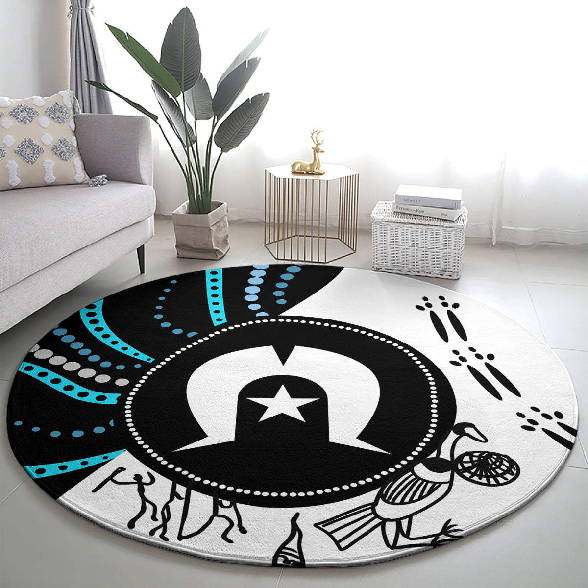 Round patterned carpet with star crest in oval, black, white, and teal accents