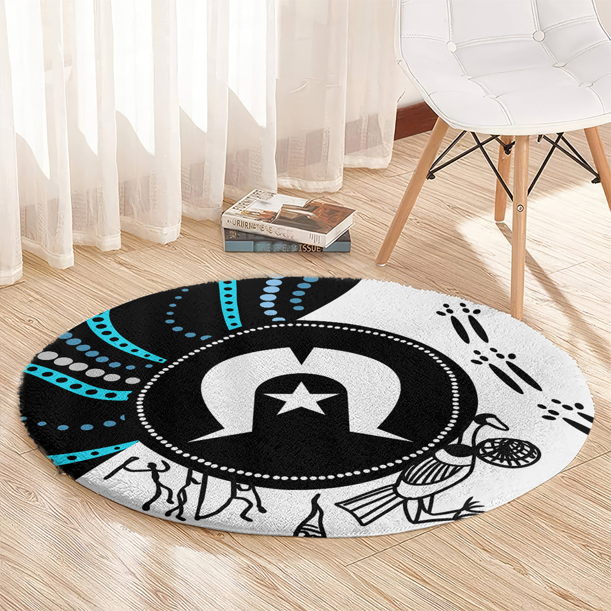 Round rug with black-and-white star emblem and teal dotted arc pattern