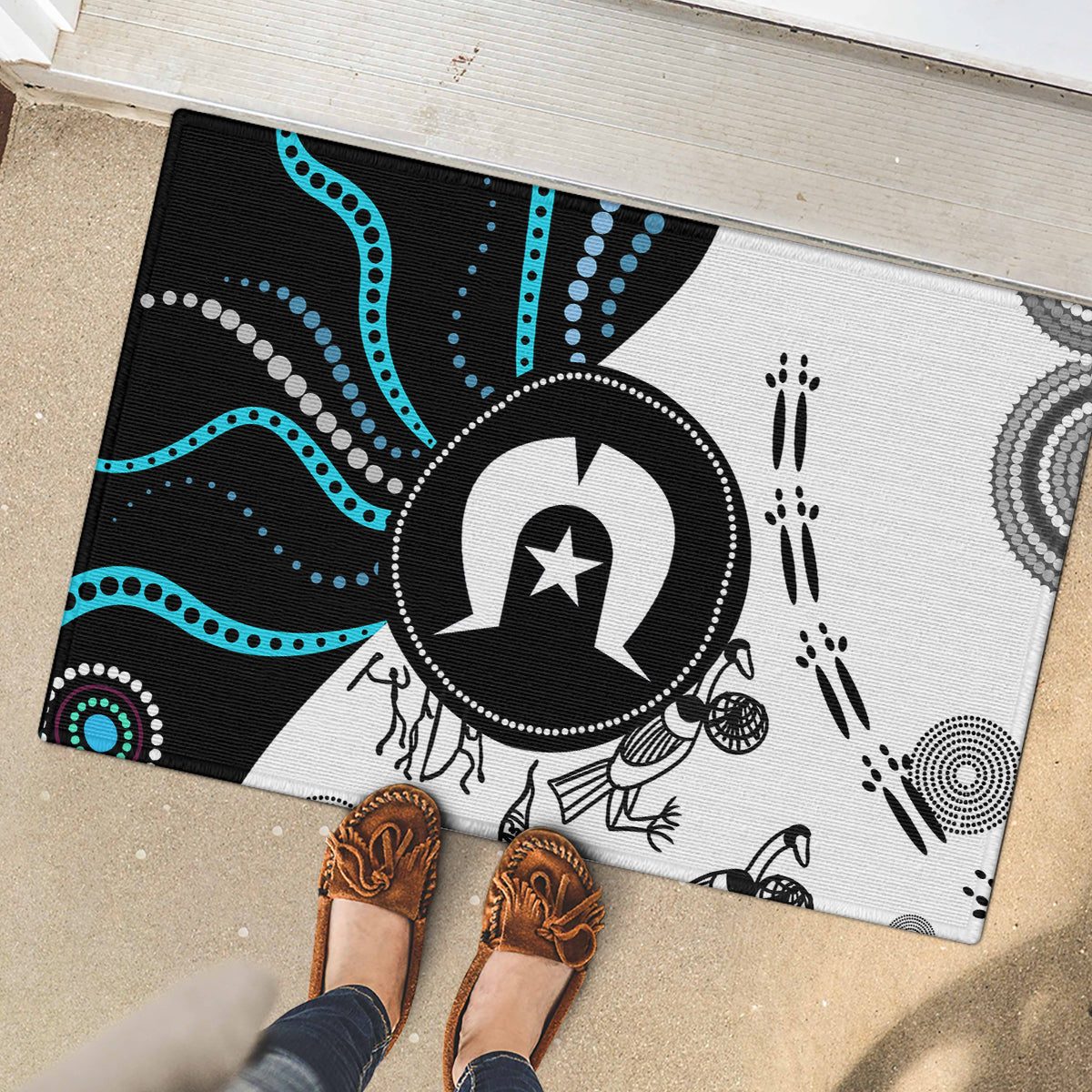 Textured rubber doormat with black, white, and blue Aboriginal circular emblem pattern