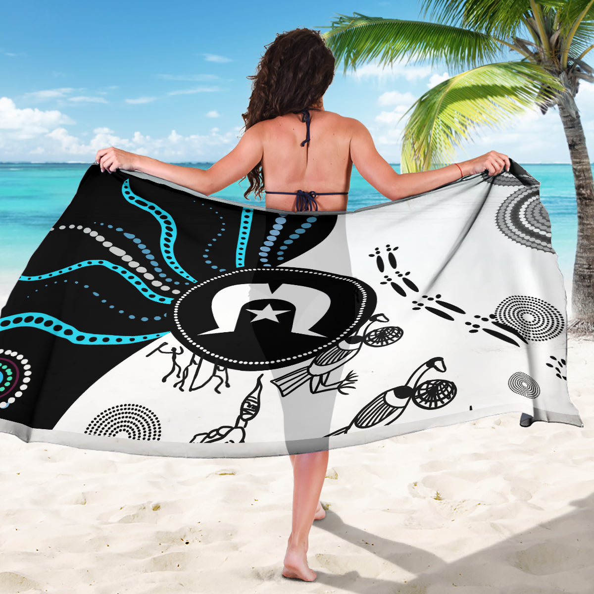 Black-and-white sarong with turquoise linework and shell motifs, wrap towel