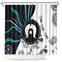 Multicolor Aboriginal pattern shower curtain with circular emblem and animal motifs