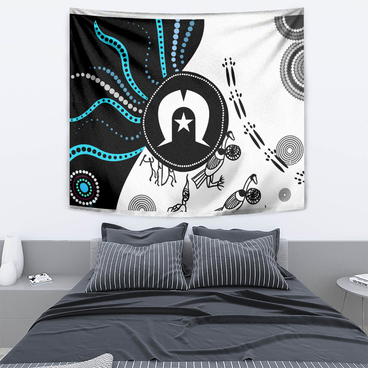 Multicolor Aboriginal-style tapestry featuring central emblem with dotted waves and leaf-like motifs