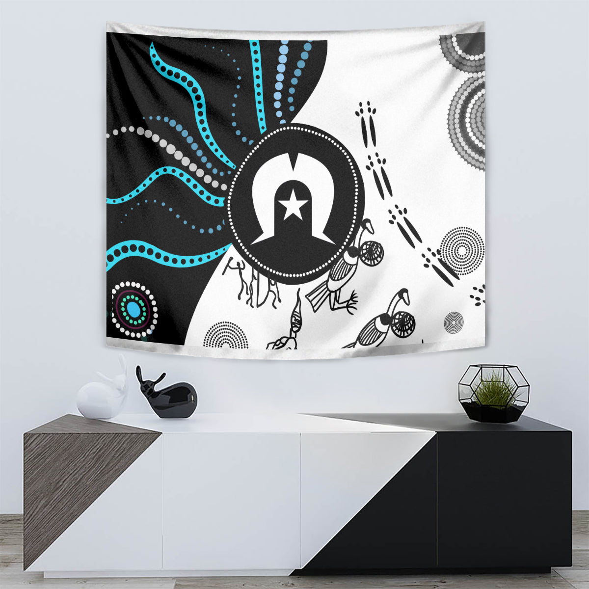 Multicolor Aboriginal-style tapestry with bold circular emblem, dotted patterns, and spiral details