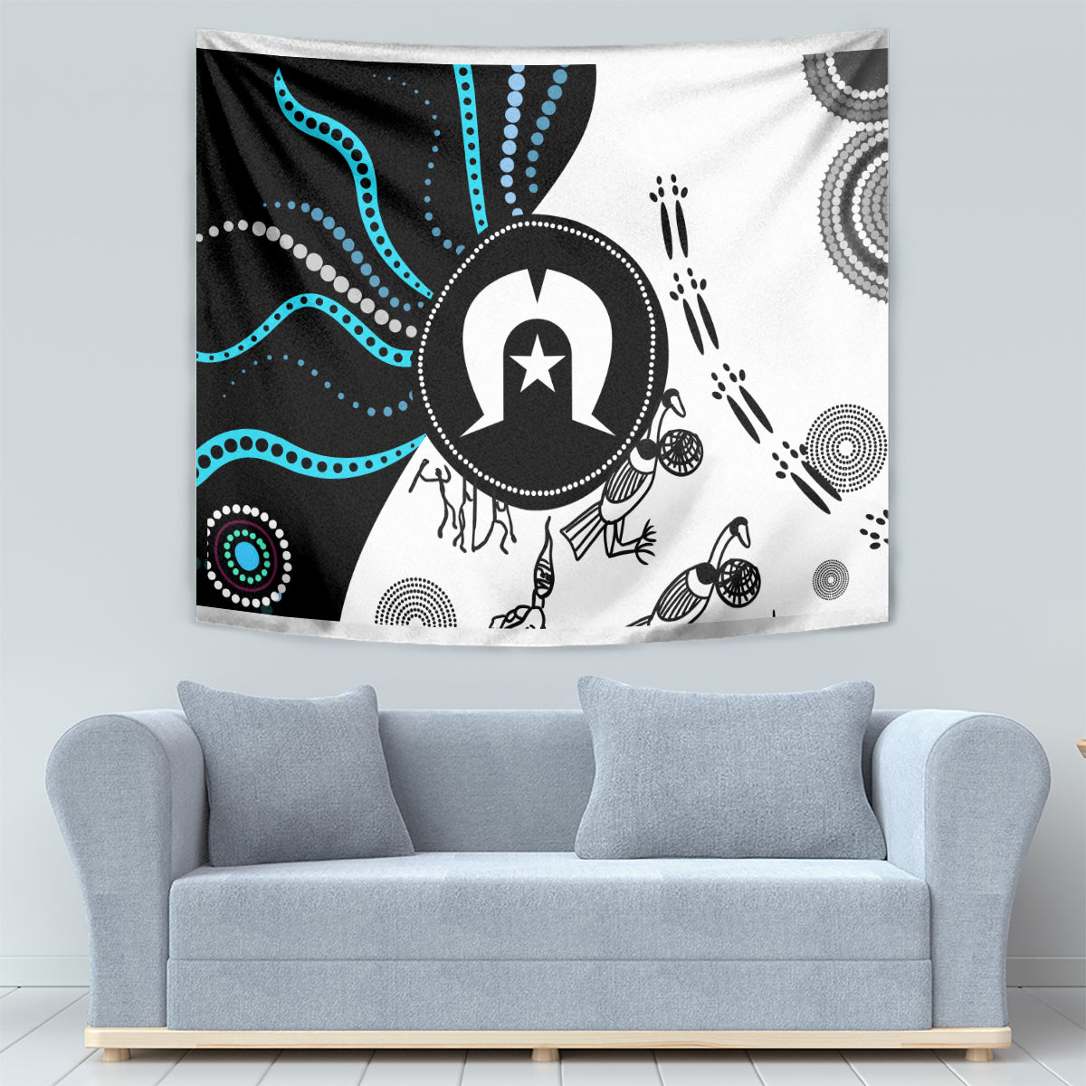 Multicolor Aboriginal-style tapestry with central circular emblem and flowing dotted line artwork
