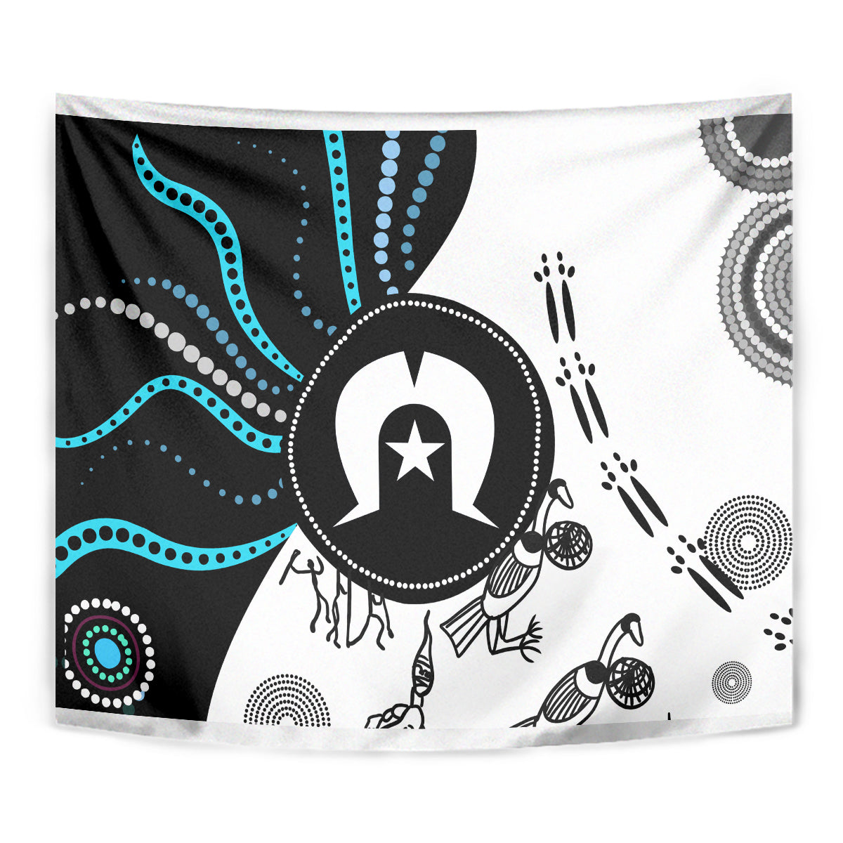 Multicolor Aboriginal-style tapestry close-up with central emblem, waves, and concentric circle motifs